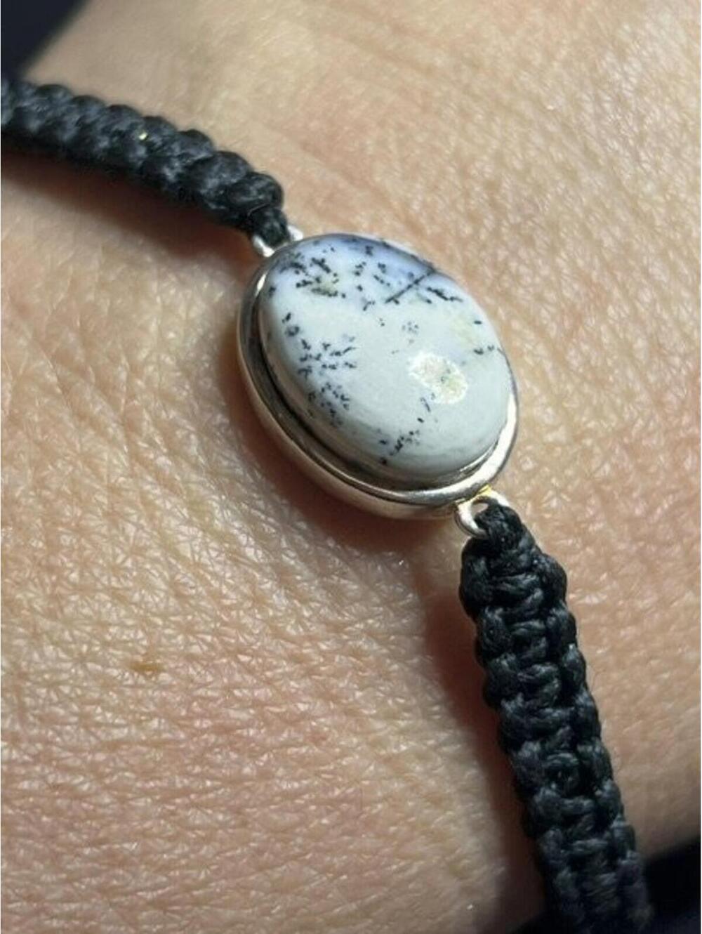 B5318 STS Macrame Bracelet Sterling Silver 925 Adjustable Dendritic Agate Oval
